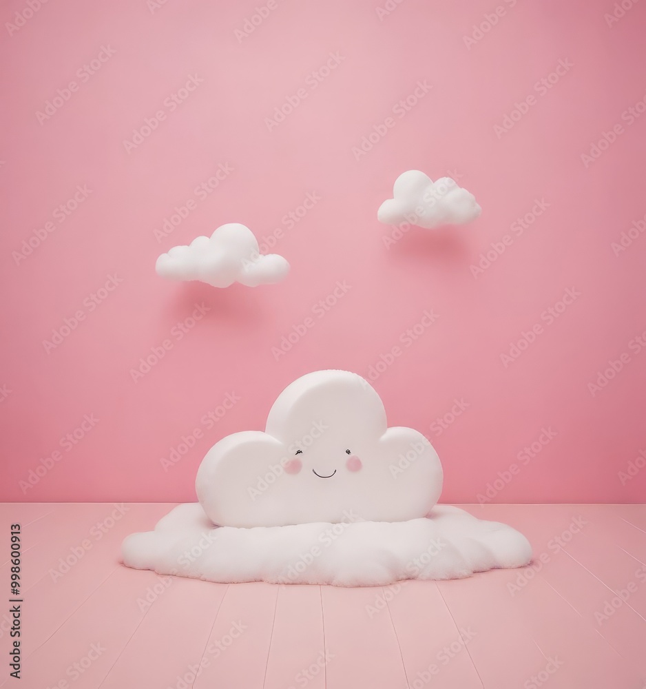 Poster a whimsical scene featuring a smiling cloud-shaped object on a fluffy white cloud against a pink bac