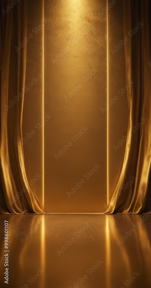 Poster a golden curtain with a reflective surface, flanked by two vertical gold lines, creating a symmetrical and balanced composition
