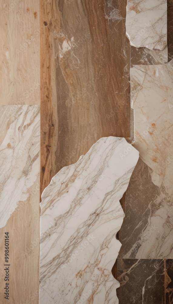 Poster a close-up view marble surface composed of various shades of brown and white marble pieces arranged 