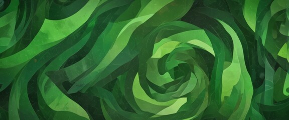 a digital art piece with a green color scheme, where the background is filled with abstract shapes resembling leaves or vines The shapes are overlapping and curving, creating
