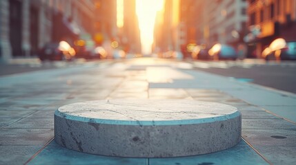 Obraz premium A circular stone pedestal in the middle of a city street with a sunset in the background.