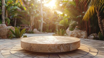 Obraz premium Stone podium in tropical garden setting with sun shining through the trees.