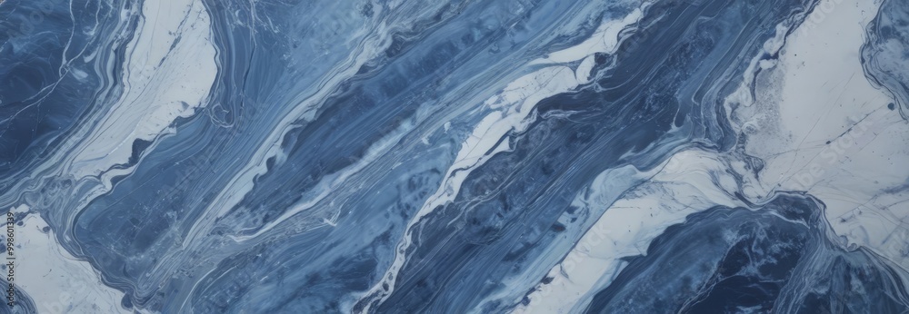 Poster a close-up view marble surface with a swirling pattern of blue and white hues, creating a sense of m