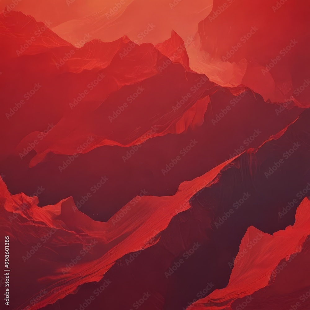 Poster a dramatic landscape with mountains shrouded in a fiery red hue, creating a sense of depth and movem
