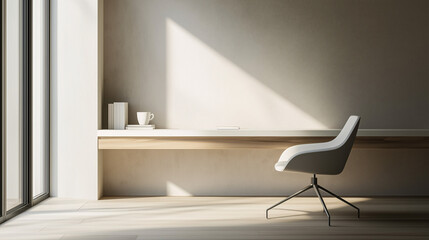 A minimalist home office with a floating desk and a modern chair. The desk holds only a coffee cup and a notebook, with neutral walls and natural light illuminating the space