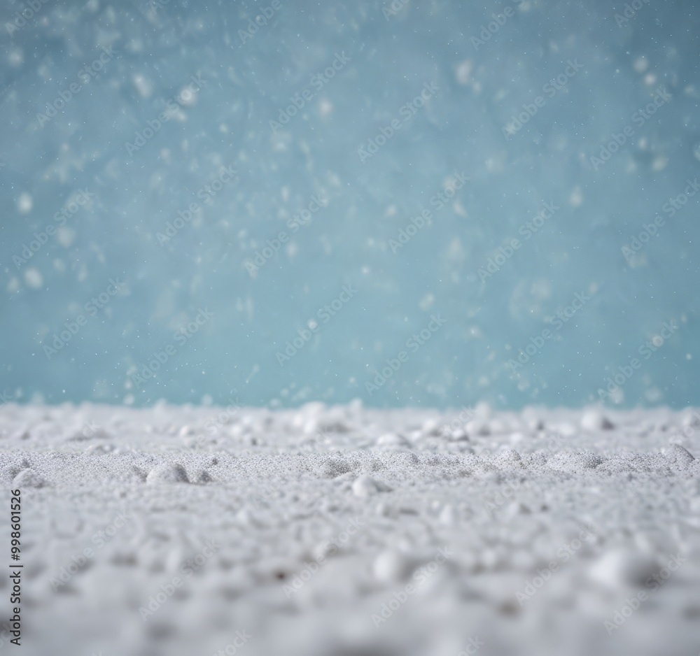 Poster a close-up view snowy surface with a blurred blue background, creating a serene and wintry atmospher