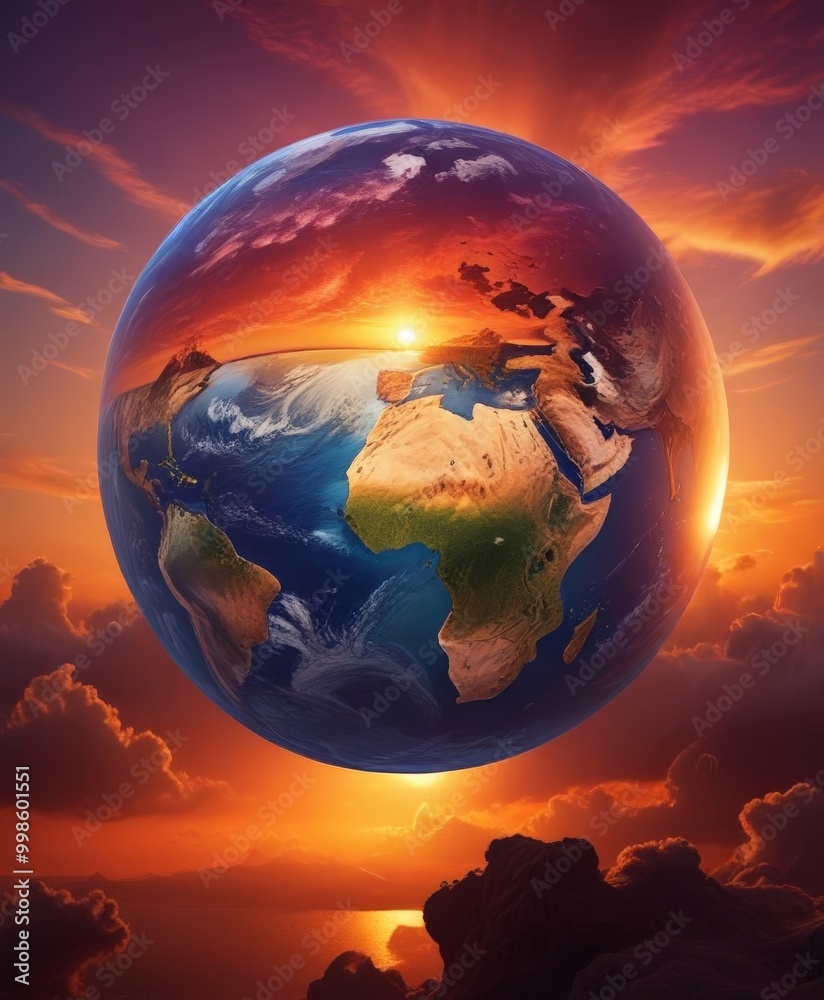 Poster the earth, a floating globe, is set against a dramatic sky with a fiery sunset the globe is divided 