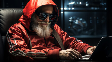 Modern Santa Claus wearing a red hooded jacket and sunglasses. He is in a gamer's chair sitting on a laptop. 