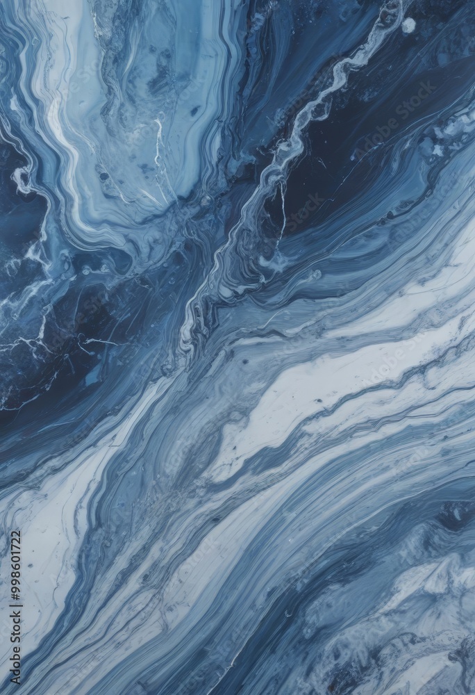 Poster a close-up view marble surface with a swirling pattern of blue and white hues, creating a sense of m