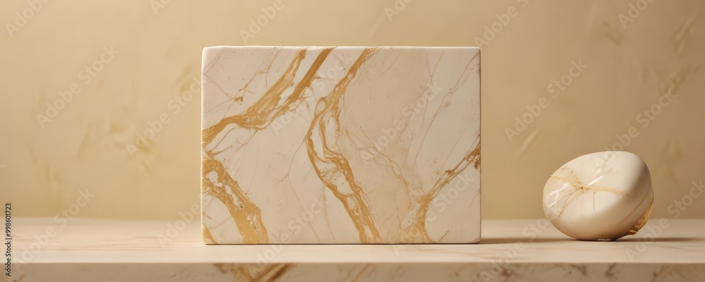 Poster a square marble block with a gold-colored marble pattern rests on a beige marble surface, accompanie