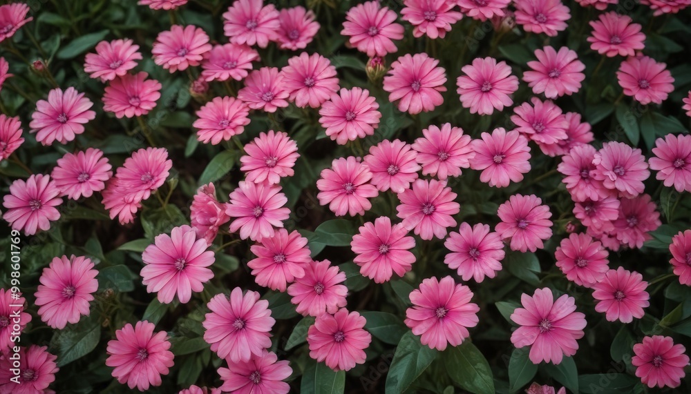 Aufkleber a close-up view field of pink daisy-like flowers with green leaves, arranged in a dense, overlapping