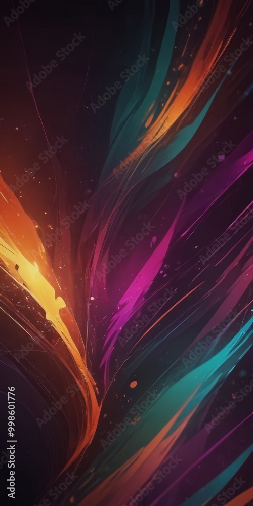 Poster a vibrant abstract composition with dynamic, swirling lines and splashes of color, including shades 