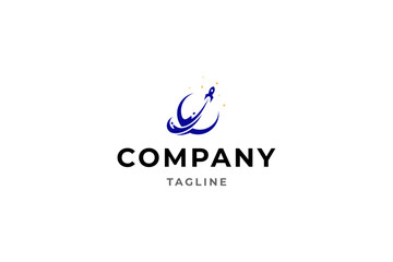 rocket logo launching in space with flat vector design style