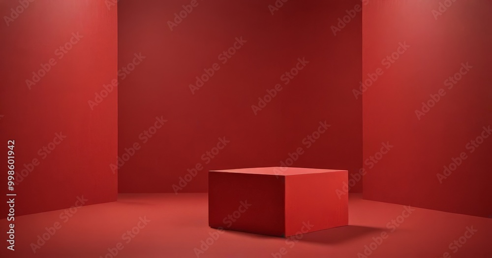 Poster a red cube stands alone in a minimalist room, its stark color contrasting with the surrounding red w
