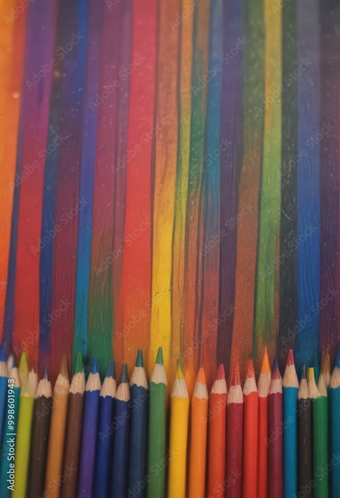 Poster A close-up view collection of colored pencils arranged in a row, with the colors transitioning from red to orange, yellow, green, blue, and purple