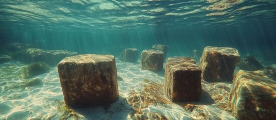 Underwater view of large rocks on a sandy sea bed.