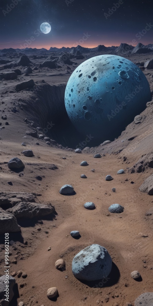 Aufkleber a large, blue sphere with craters dominates the foreground, while a smaller, white sphere with crate