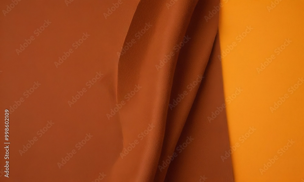 Poster a close-up view fabric with a reddish-brown hue, partially folded and overlapping with a contrasting orange background
