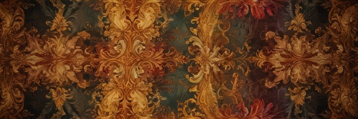 a symmetrical pattern of ornate floral designs in warm, earthy tones of brown, orange, and red, creating a visually striking and intricate design