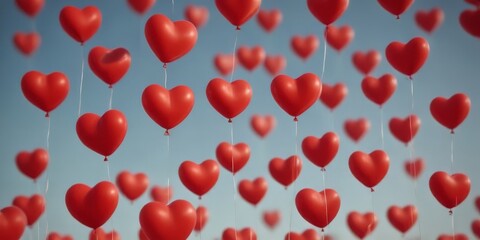 Obraz premium Red heart-shaped balloons float against a blue sky, creating a festive and romantic atmosphere