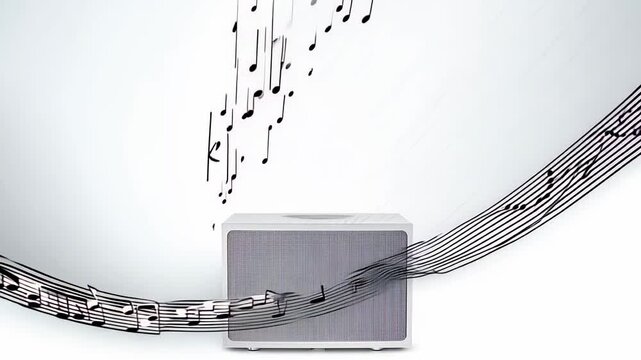  A music speaker surrounded by floating notes, symbolizing the power of audio streaming, podcasts, and music enjoyment in the digital age