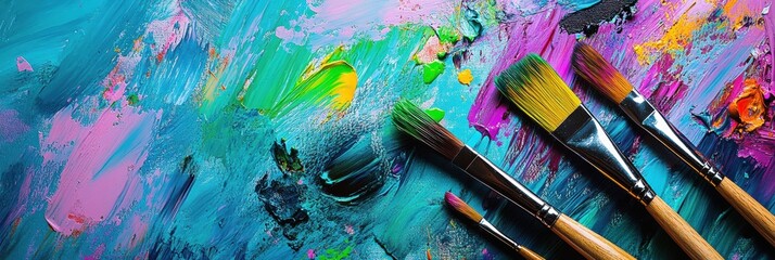 Obraz premium Bright splashes of color cover a palette with paintbrushes placed next to an abstract canvas showcasing dynamic brushstrokes. Generative AI