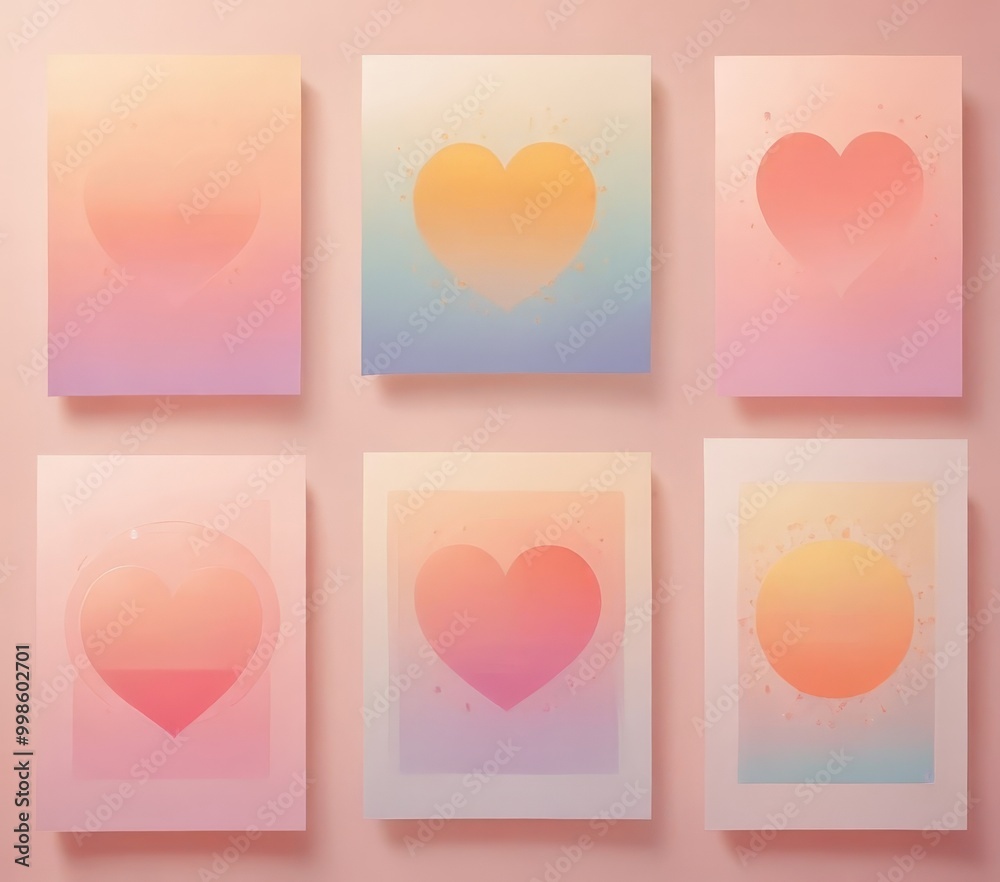 Poster six heart-shaped illustrations in various pastel colors are arranged in a grid on a pink background