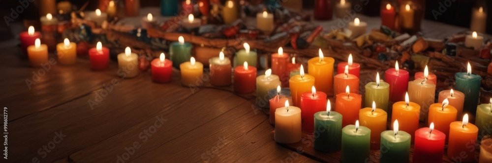 Poster a collection of lit candles in various colors arranged in a curved formation on a wooden surface, wi