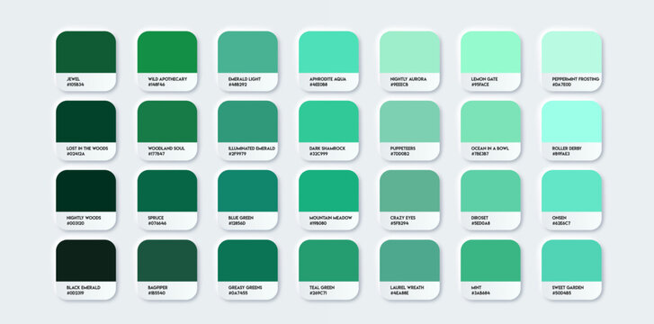 Emerald green color guide Palette with color names. Blue green samples catalog with RGB HEX codes and Names. Vector EPS 10