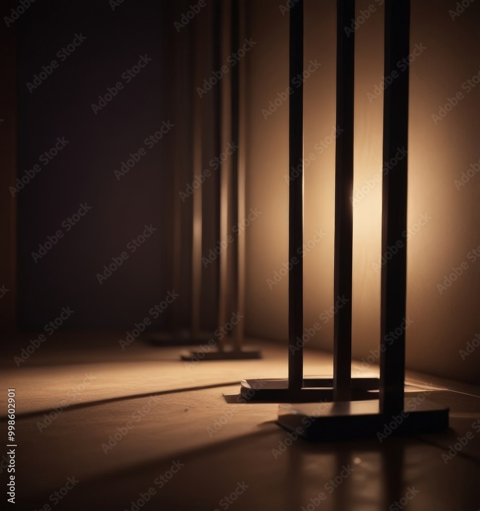 Poster a dimly lit room with a series of metal poles casting long shadows on the floor, creating a sense of