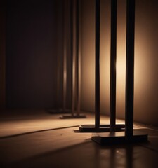A dimly lit room with a series of metal poles casting long shadows on the floor, creating a sense of depth and perspective