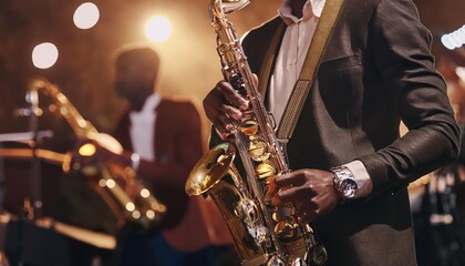 Obraz premium Unrecognizable Black jazz musician playing saxophone on stage at local bar with medium