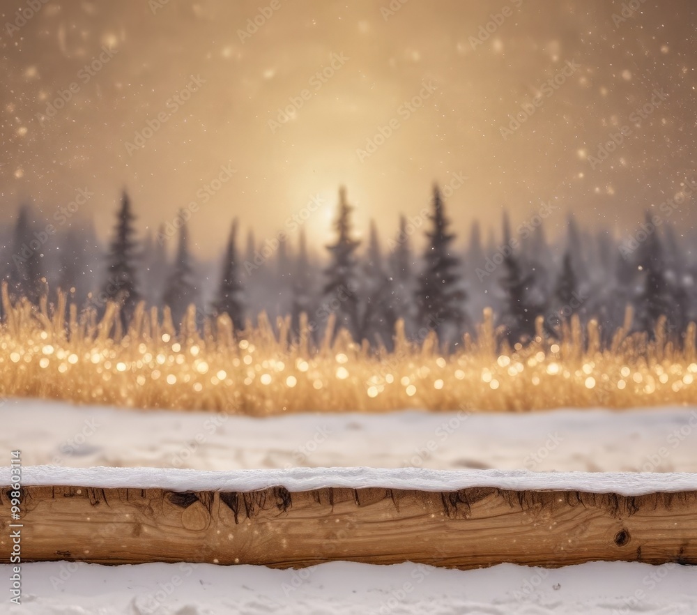 Poster a snowy landscape with a wooden log in the foreground and a field of golden lights in the background