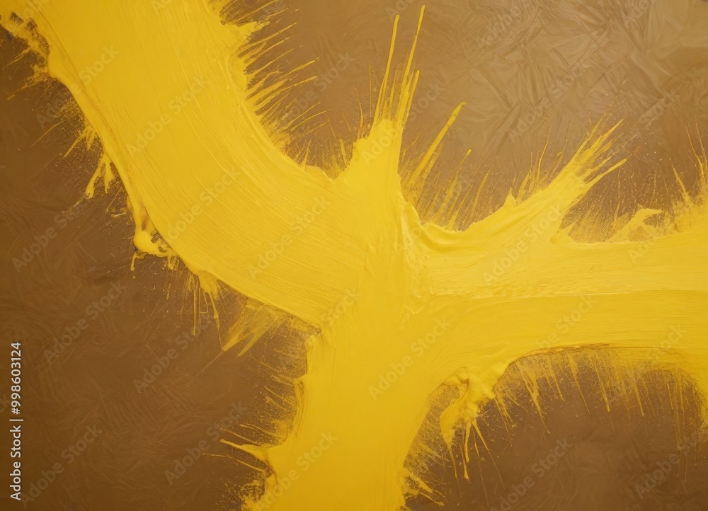 Fototapete an abstract painting with a yellow paint stroke that appears to be dripping or splattering, creating