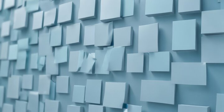 A grid of white square paper notes is arranged in a pattern on a blue background, with some notes slightly overlapping and others hanging off the edge