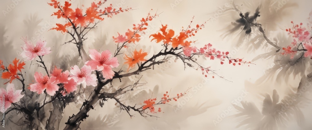 Poster a branch tree adorned with pink flowers, contrasted against a backdrop of gray and black ink strokes