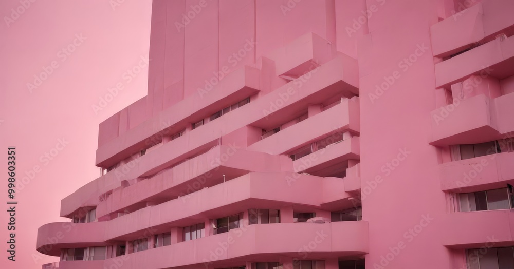 Poster a striking pink building with a unique architectural design, featuring a series of balconies and win