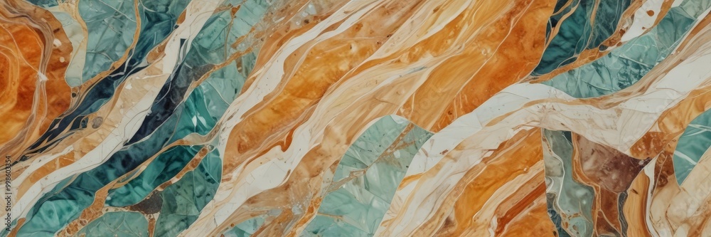 Leinwandbilder a close-up view marble surface with a vibrant, abstract pattern of overlapping and intersecting lines and swirls in various shades of orange, green, and white
