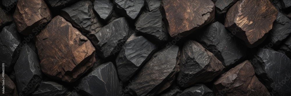 Poster a close-up view pile of dark, irregularly shaped rocks with a rough, textured surface