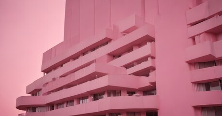 A striking pink building with a unique architectural design, featuring a series of balconies and windows that create a visually appealing and geometric pattern