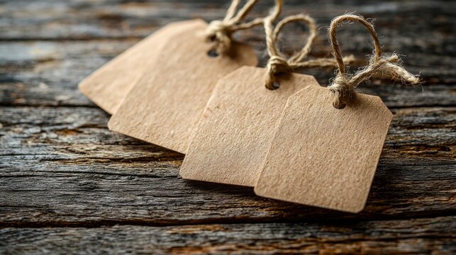 Blank price tags are neatly arranged and tied with natural twine, placed on a rustic wooden surface, perfect for crafting and labeling items creatively.
