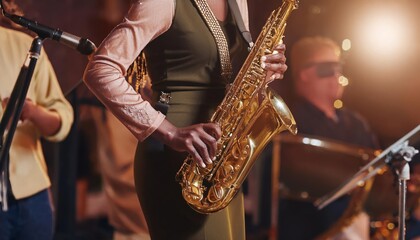 Obraz premium Unrecognizable Black jazz musician playing saxophone on stage at local bar with medium