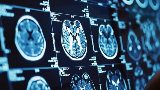 Medical professional is reviewing brain mri scans displayed on a high tech digital screen, potentially for diagnosis or research purposes