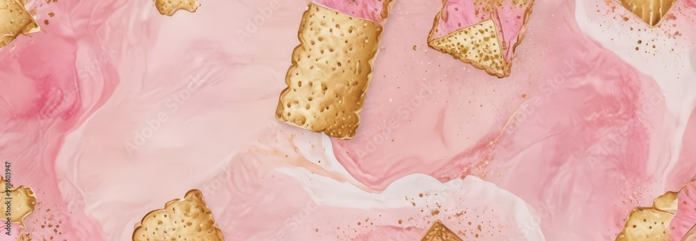 Poster a pink and white abstract background with gold accents, including a central rectangular shape and sc