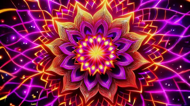 a vibrant, rotating intricate mandala featuring a radiant, multicolored lotus flower at the center, surrounded by a mesmerizing pattern of glowing, geometric shapes and swirls of light.