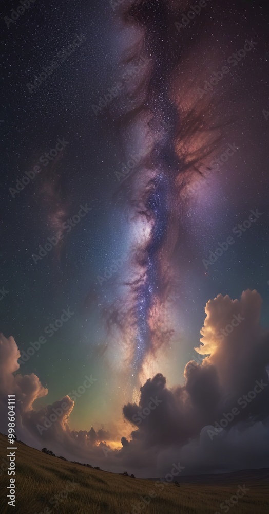Aufkleber the milky way galaxy, a spiral galaxy, is visible in the night sky above a field of tall grass the g