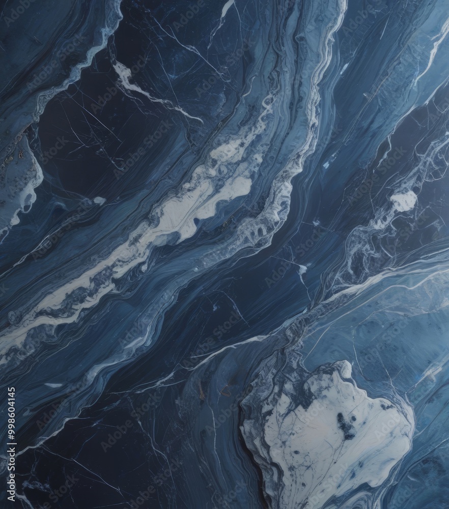 Fototapete a close-up view marble surface with a striking pattern of blue and white swirls and lines, creating 