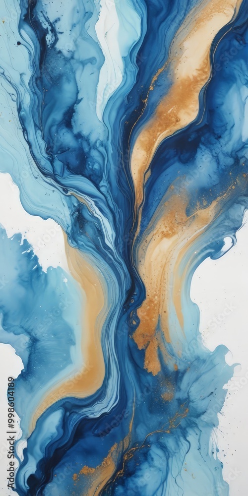 Aufkleber an abstract painting featuring swirling patterns of blue, white, and gold colors, creating a dynamic