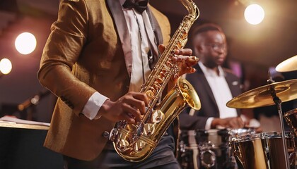 Obraz premium Unrecognizable Black jazz musician playing saxophone on stage at local bar with medium