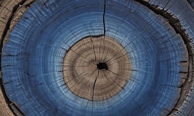 A close-up tree trunk, revealing the concentric rings of the wood and the dark blue-green color of the bark